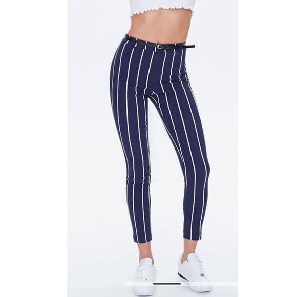 Forever 21 Striped Skinny Harper Pants Navy Women’s L - Picture 2 of 10